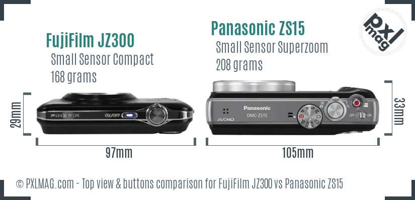 FujiFilm JZ300 vs Panasonic ZS15 top view buttons comparison