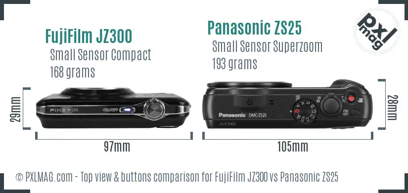 FujiFilm JZ300 vs Panasonic ZS25 top view buttons comparison FujiFilm JZ300 vs Panasonic ZS25 top view buttons comparison