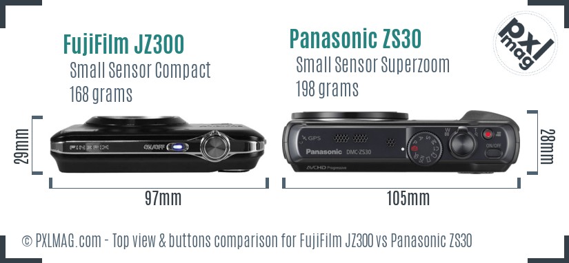 FujiFilm JZ300 vs Panasonic ZS30 top view buttons comparison