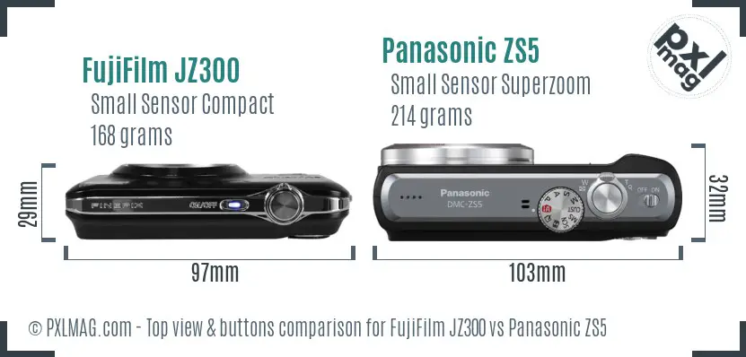 FujiFilm JZ300 vs Panasonic ZS5 top view buttons comparison FujiFilm JZ300 vs Panasonic ZS5 top view buttons comparison
