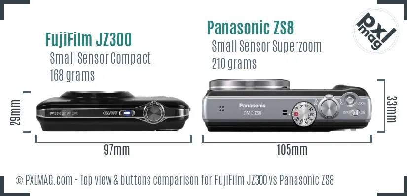 FujiFilm JZ300 vs Panasonic ZS8 top view buttons comparison