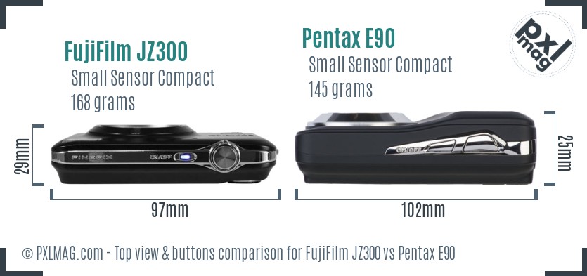 FujiFilm JZ300 vs Pentax E90 top view buttons comparison