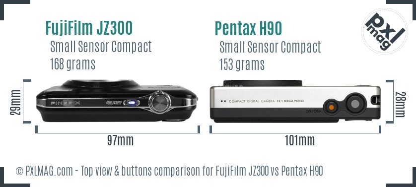 FujiFilm JZ300 vs Pentax H90 top view buttons comparison