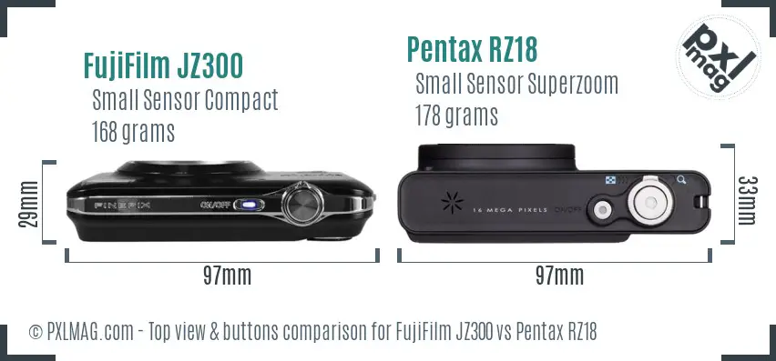 FujiFilm JZ300 vs Pentax RZ18 top view buttons comparison