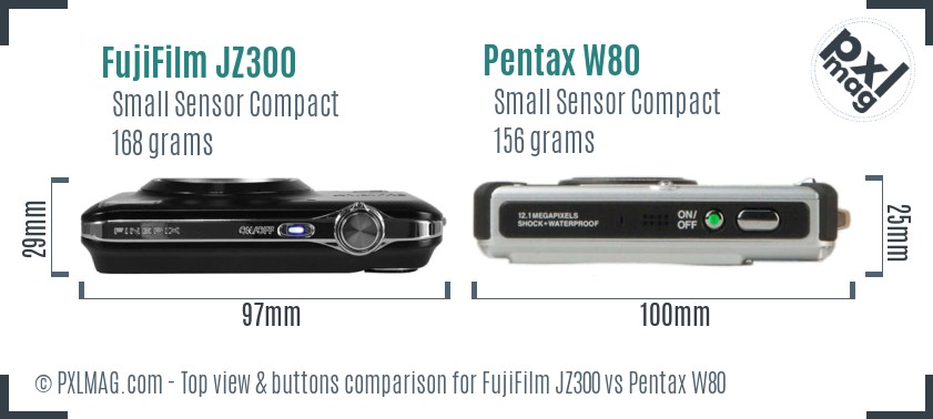 FujiFilm JZ300 vs Pentax W80 top view buttons comparison
