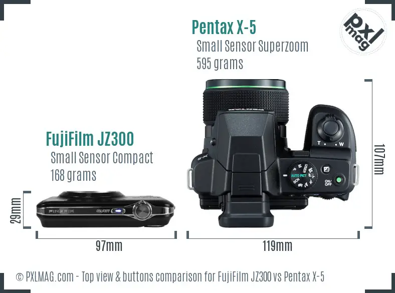 FujiFilm JZ300 vs Pentax X-5 top view buttons comparison FujiFilm JZ300 vs Pentax X-5 top view buttons comparison