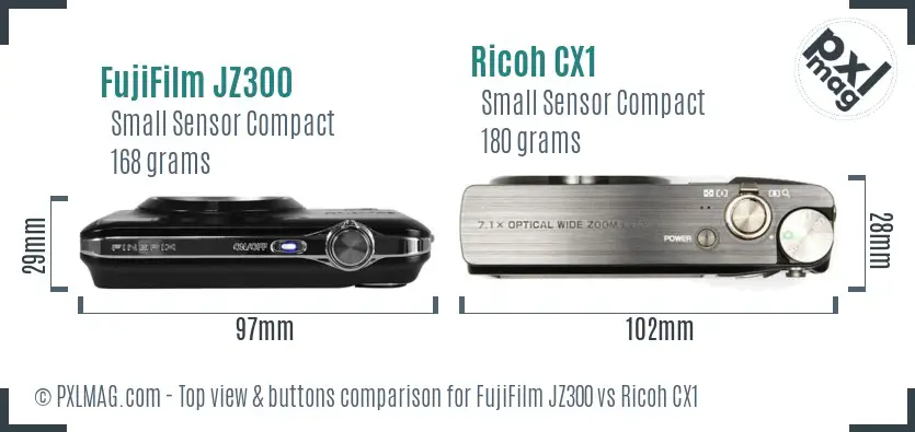 FujiFilm JZ300 vs Ricoh CX1 top view buttons comparison