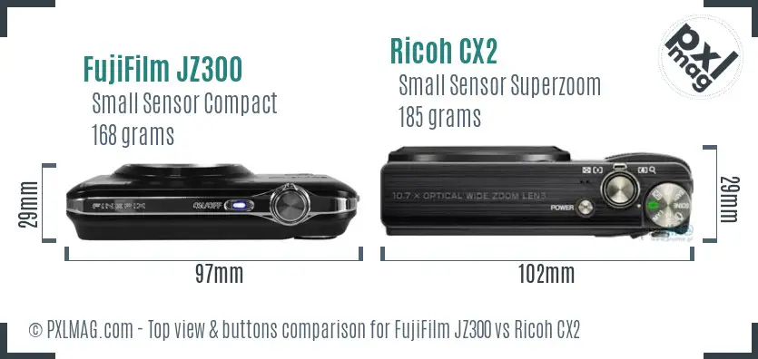 FujiFilm JZ300 vs Ricoh CX2 top view buttons comparison