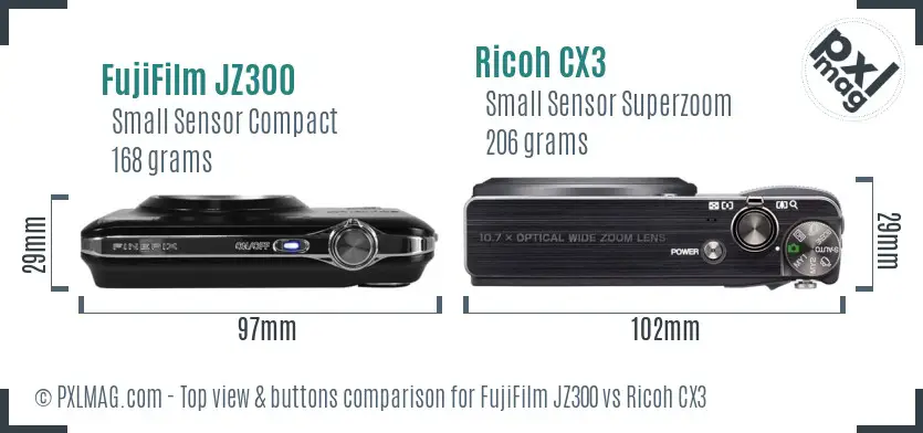 FujiFilm JZ300 vs Ricoh CX3 top view buttons comparison