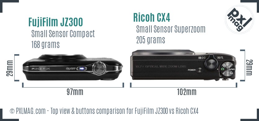FujiFilm JZ300 vs Ricoh CX4 top view buttons comparison
