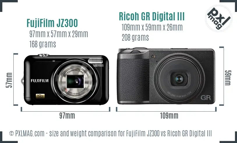 FujiFilm JZ300 vs Ricoh GR Digital III size comparison