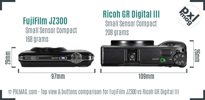 FujiFilm JZ300 vs Ricoh GR Digital III top view buttons comparison