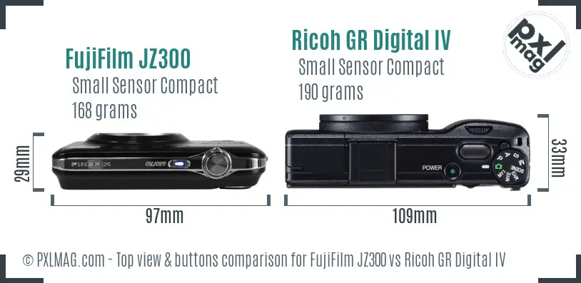 FujiFilm JZ300 vs Ricoh GR Digital IV top view buttons comparison