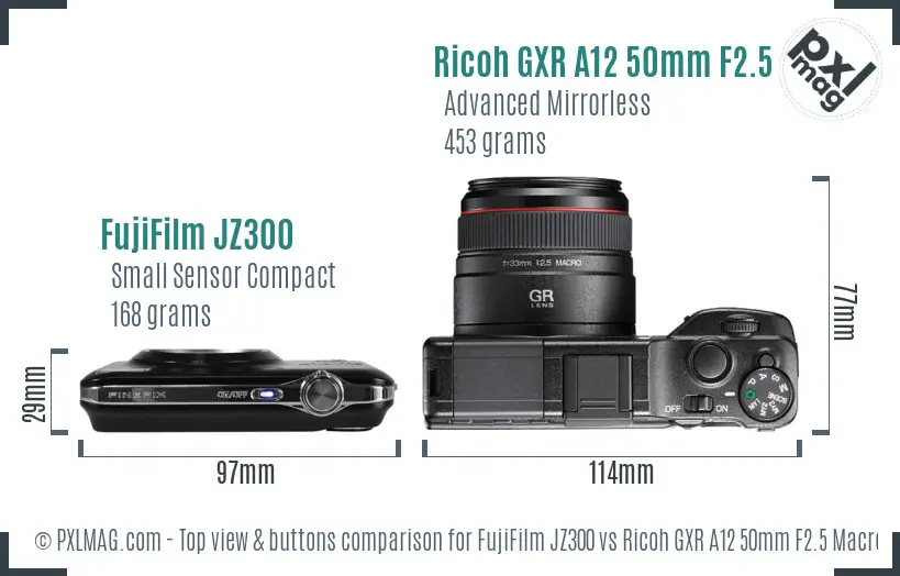 FujiFilm JZ300 vs Ricoh GXR A12 50mm F2.5 Macro top view buttons comparison FujiFilm JZ300 vs Ricoh GXR A12 50mm F2.5 Macro top view buttons comparison