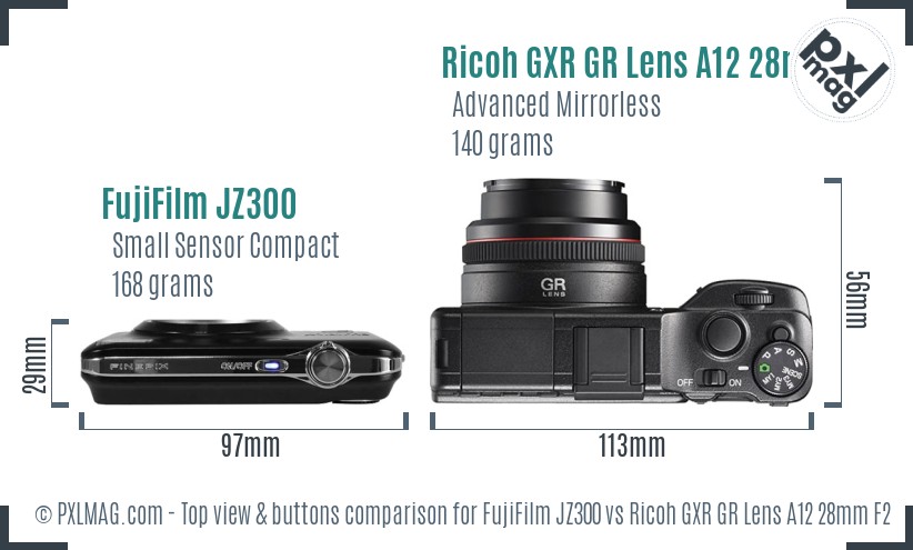 FujiFilm JZ300 vs Ricoh GXR GR Lens A12 28mm F2.5 top view buttons comparison