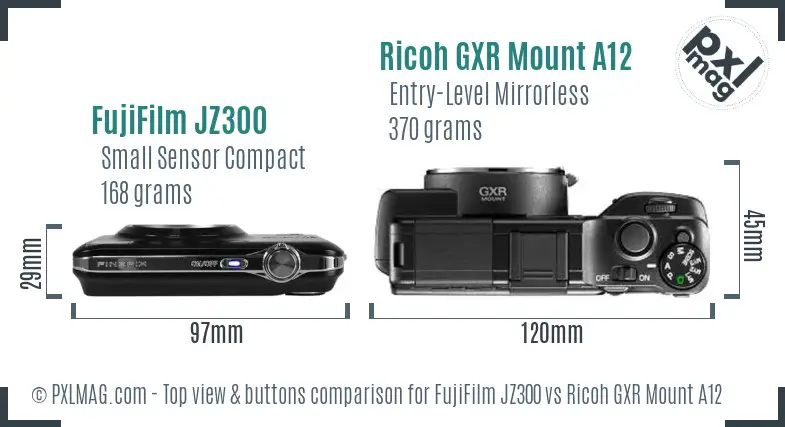 FujiFilm JZ300 vs Ricoh GXR Mount A12 top view buttons comparison