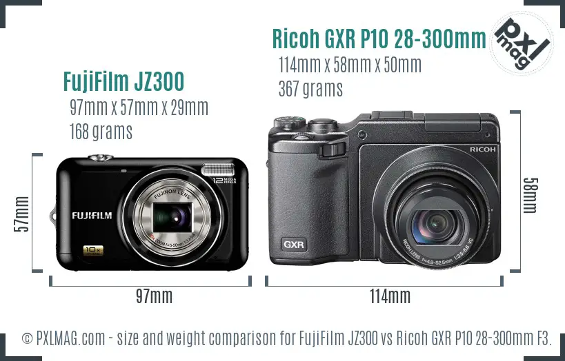 FujiFilm JZ300 vs Ricoh GXR P10 28-300mm F3.5-5.6 VC size comparison