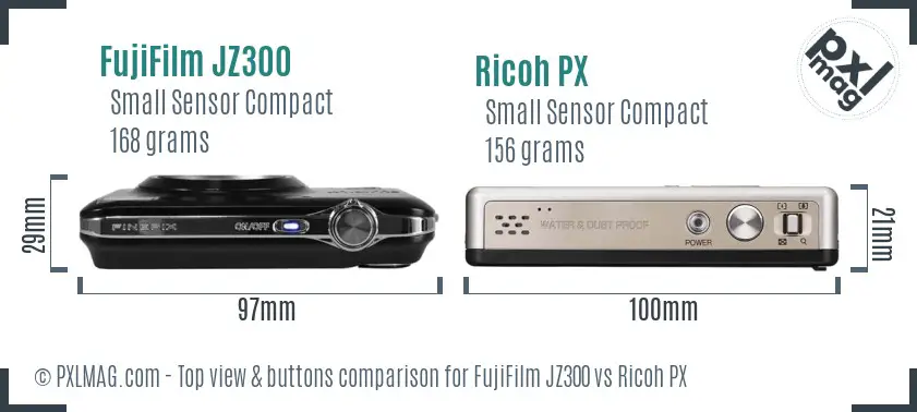 FujiFilm JZ300 vs Ricoh PX top view buttons comparison FujiFilm JZ300 vs Ricoh PX top view buttons comparison