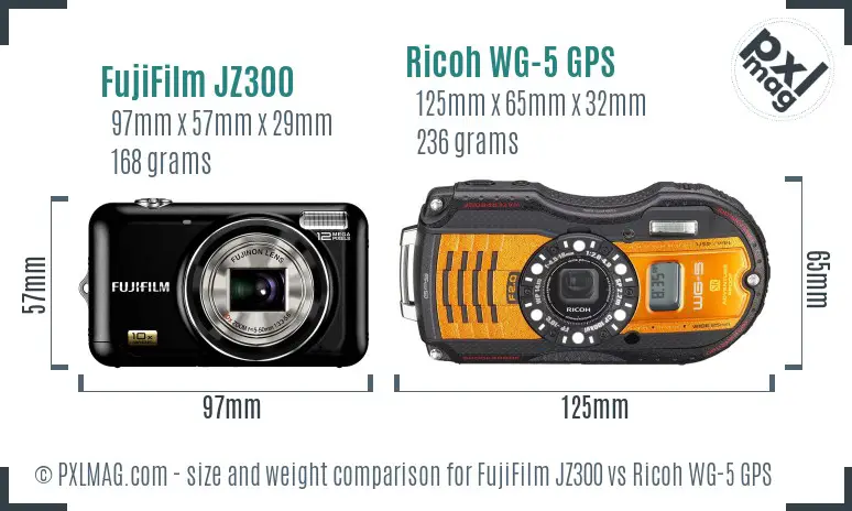 FujiFilm JZ300 vs Ricoh WG-5 GPS size comparison FujiFilm JZ300 vs Ricoh WG-5 GPS size comparison