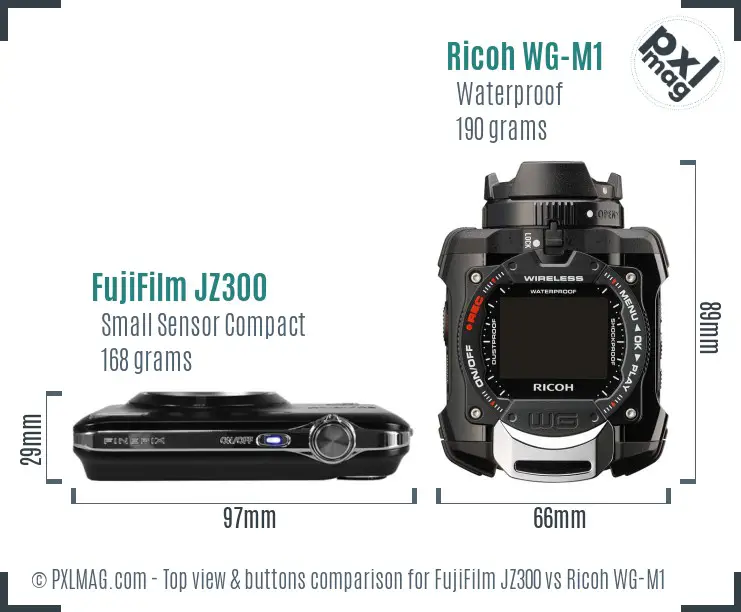 FujiFilm JZ300 vs Ricoh WG-M1 top view buttons comparison