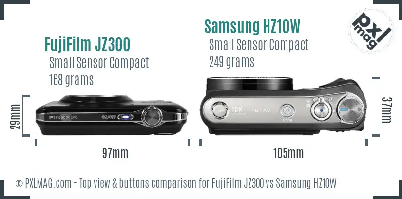FujiFilm JZ300 vs Samsung HZ10W top view buttons comparison FujiFilm JZ300 vs Samsung HZ10W top view buttons comparison