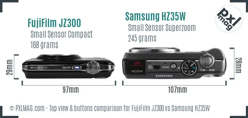 FujiFilm JZ300 vs Samsung HZ35W top view buttons comparison FujiFilm JZ300 vs Samsung HZ35W top view buttons comparison