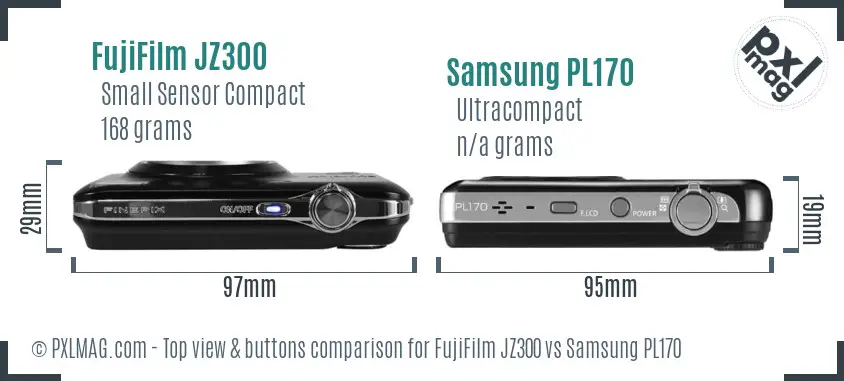 FujiFilm JZ300 vs Samsung PL170 top view buttons comparison FujiFilm JZ300 vs Samsung PL170 top view buttons comparison