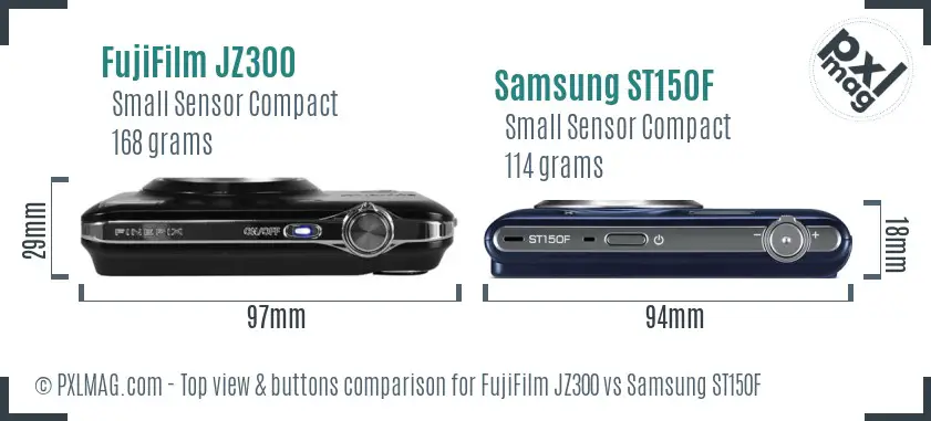 FujiFilm JZ300 vs Samsung ST150F top view buttons comparison FujiFilm JZ300 vs Samsung ST150F top view buttons comparison