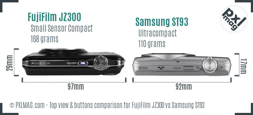 FujiFilm JZ300 vs Samsung ST93 top view buttons comparison FujiFilm JZ300 vs Samsung ST93 top view buttons comparison