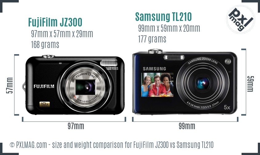FujiFilm JZ300 vs Samsung TL210 size comparison FujiFilm JZ300 vs Samsung TL210 size comparison