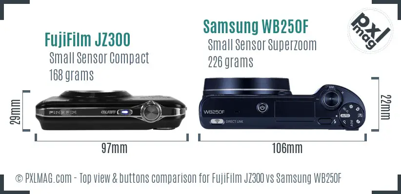 FujiFilm JZ300 vs Samsung WB250F top view buttons comparison