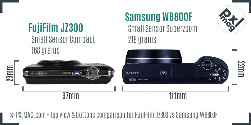 FujiFilm JZ300 vs Samsung WB800F top view buttons comparison FujiFilm JZ300 vs Samsung WB800F top view buttons comparison