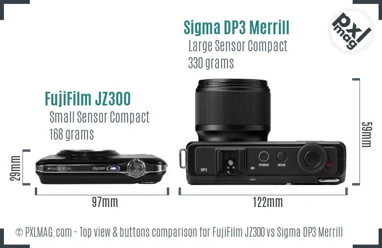 FujiFilm JZ300 vs Sigma DP3 Merrill top view buttons comparison FujiFilm JZ300 vs Sigma DP3 Merrill top view buttons comparison