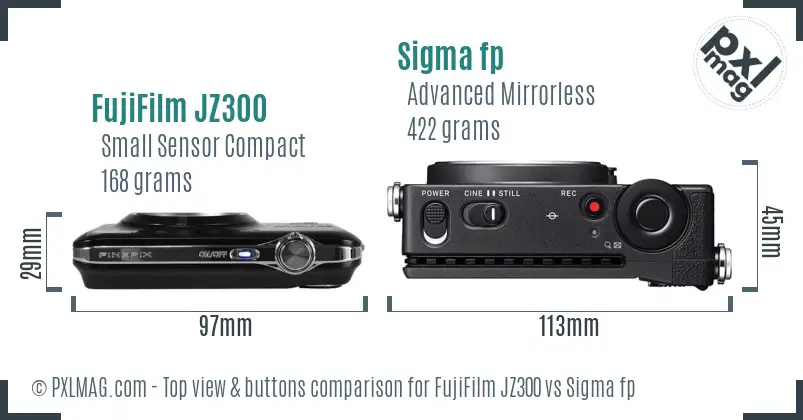 FujiFilm JZ300 vs Sigma fp top view buttons comparison FujiFilm JZ300 vs Sigma fp top view buttons comparison