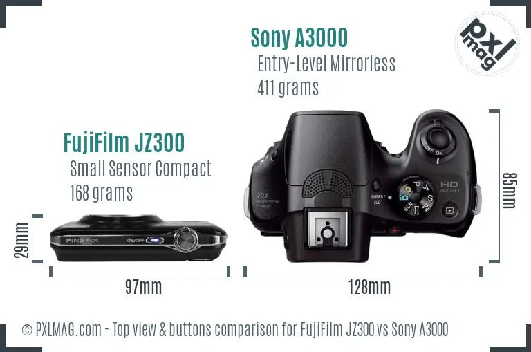 FujiFilm JZ300 vs Sony A3000 top view buttons comparison