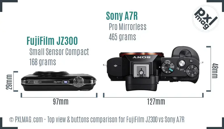 FujiFilm JZ300 vs Sony A7R top view buttons comparison FujiFilm JZ300 vs Sony A7R top view buttons comparison