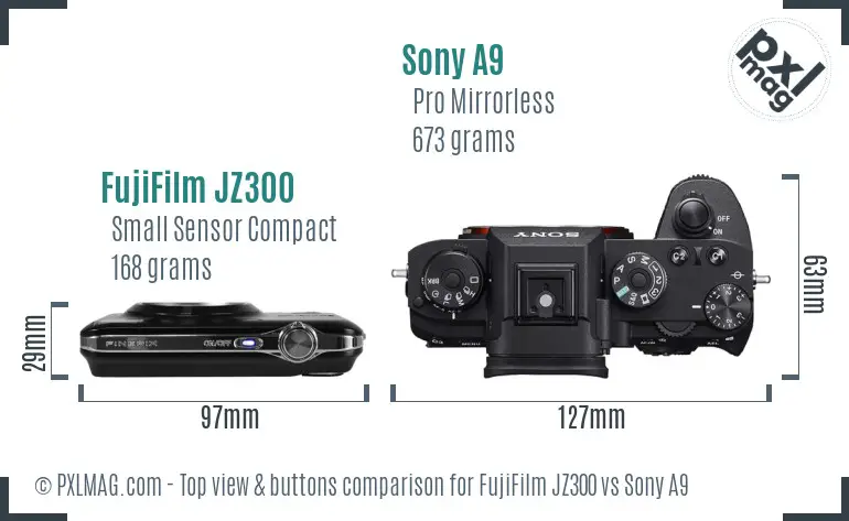 FujiFilm JZ300 vs Sony A9 top view buttons comparison