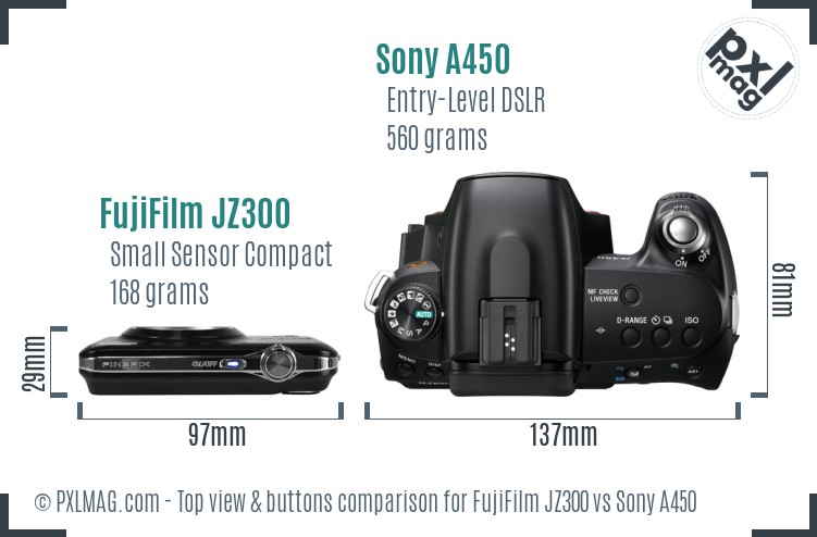 FujiFilm JZ300 vs Sony A450 top view buttons comparison