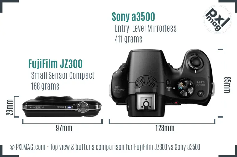 FujiFilm JZ300 vs Sony a3500 top view buttons comparison FujiFilm JZ300 vs Sony a3500 top view buttons comparison