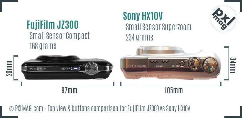 FujiFilm JZ300 vs Sony HX10V top view buttons comparison FujiFilm JZ300 vs Sony HX10V top view buttons comparison