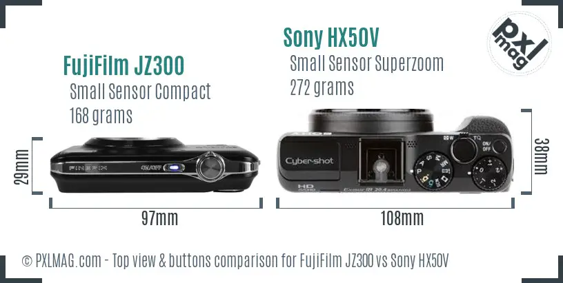 FujiFilm JZ300 vs Sony HX50V top view buttons comparison