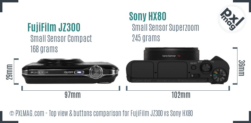 FujiFilm JZ300 vs Sony HX80 top view buttons comparison