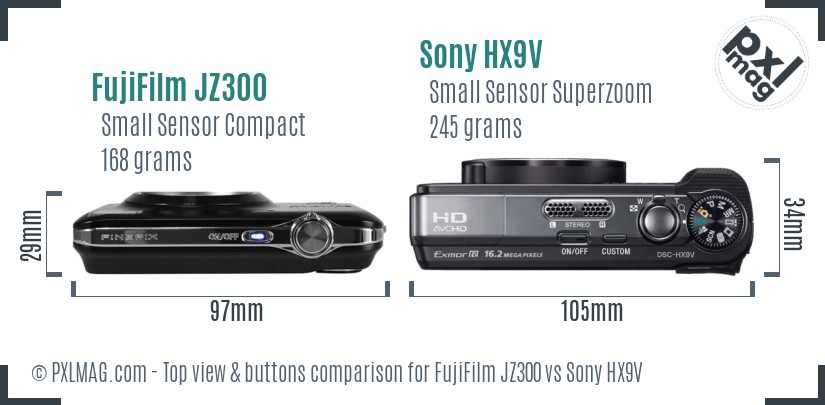 FujiFilm JZ300 vs Sony HX9V top view buttons comparison