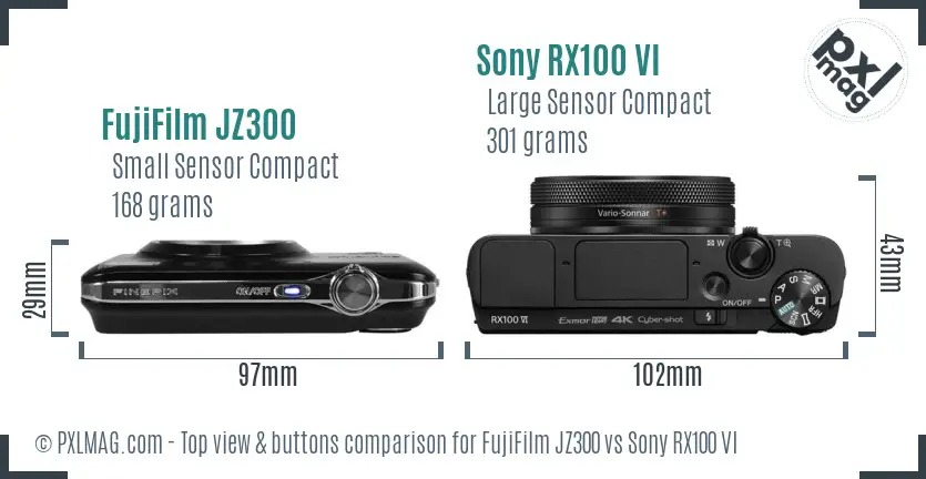 FujiFilm JZ300 vs Sony RX100 VI top view buttons comparison