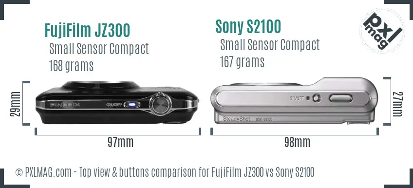 FujiFilm JZ300 vs Sony S2100 top view buttons comparison FujiFilm JZ300 vs Sony S2100 top view buttons comparison