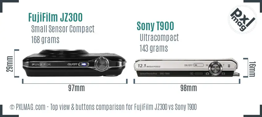 FujiFilm JZ300 vs Sony T900 top view buttons comparison FujiFilm JZ300 vs Sony T900 top view buttons comparison