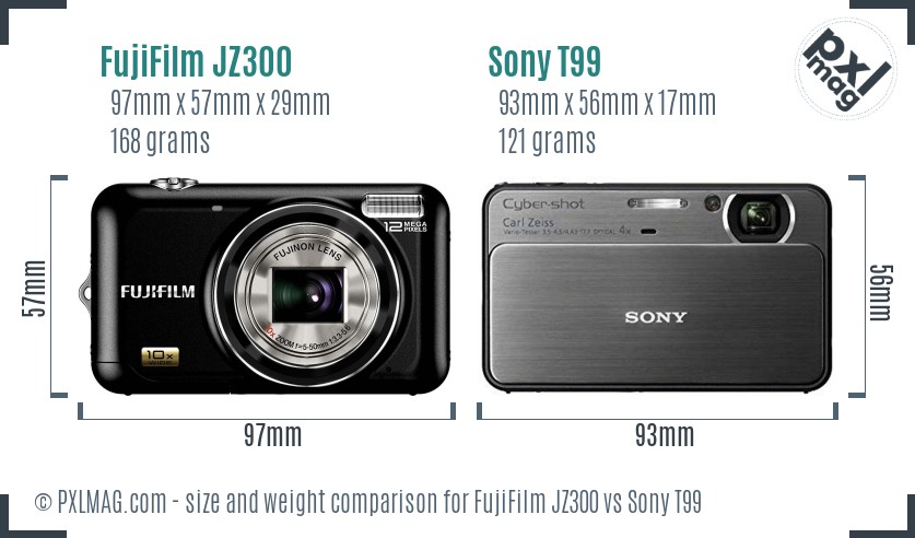 FujiFilm JZ300 vs Sony T99 size comparison