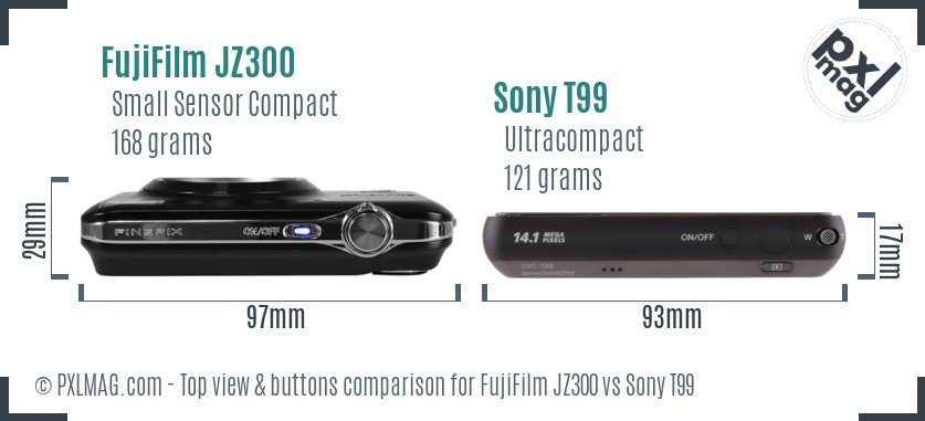 FujiFilm JZ300 vs Sony T99 top view buttons comparison
