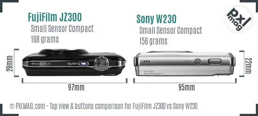FujiFilm JZ300 vs Sony W230 top view buttons comparison FujiFilm JZ300 vs Sony W230 top view buttons comparison