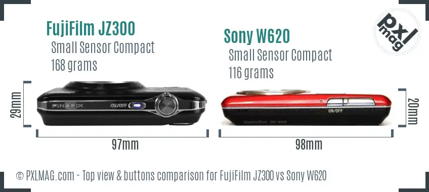 FujiFilm JZ300 vs Sony W620 top view buttons comparison FujiFilm JZ300 vs Sony W620 top view buttons comparison